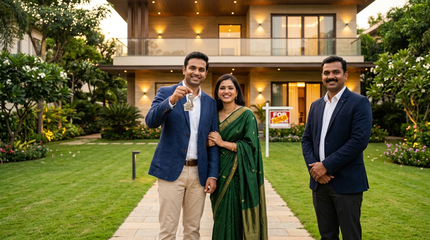 Happy Indian couple receiving dream home keys from real estate advisor